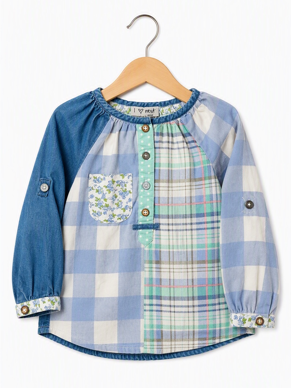 Next Boutique Mixed-Media Patchwork Denim Gingham Plaid Blouse Cottagecore 12-18
